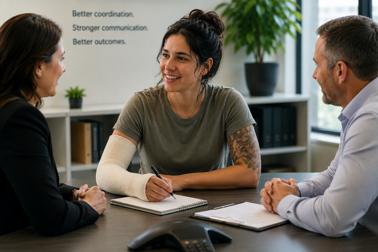 An injured employee with a forearm cast participating in a return-to-work planning conversation