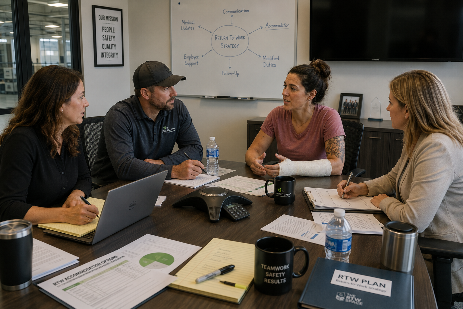 Recovery partners collaborating with an injured employee and employer around a shared strategy